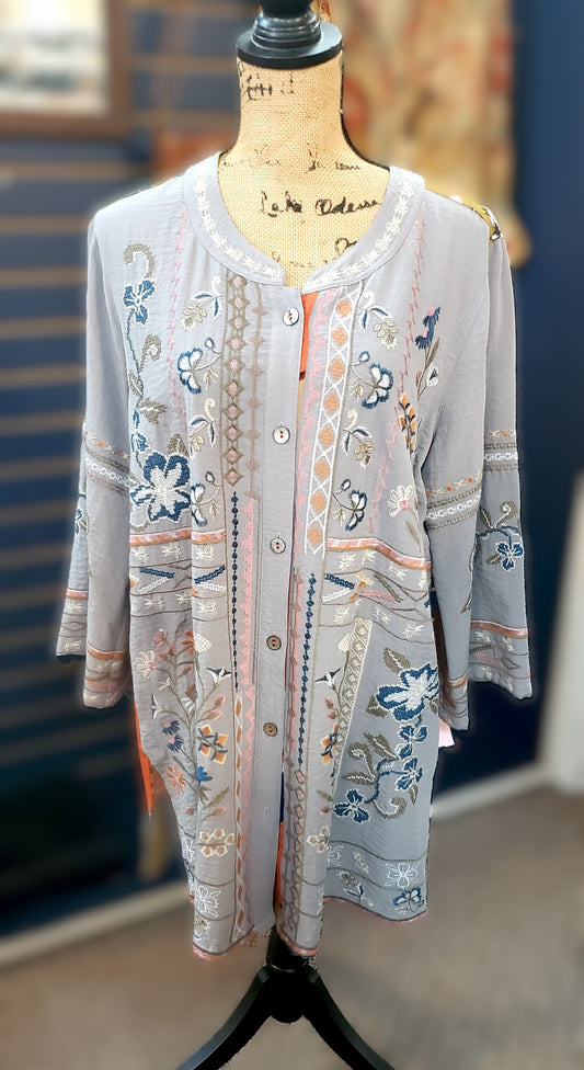 John Mark Embroidered Button Down Tunic Top Sz Large