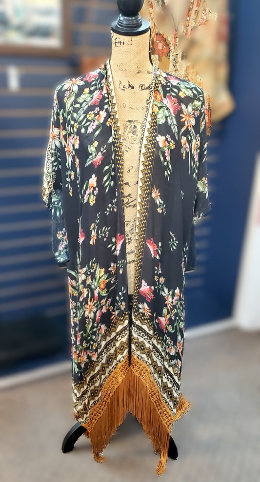 Floral Print Fringe Shrug Sz OS