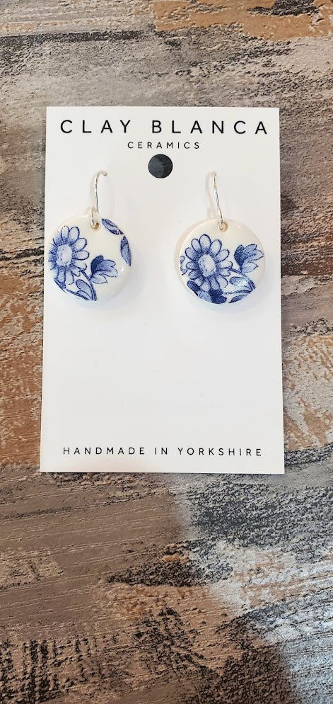 Vintage Blue China Porcelain Earrings Round