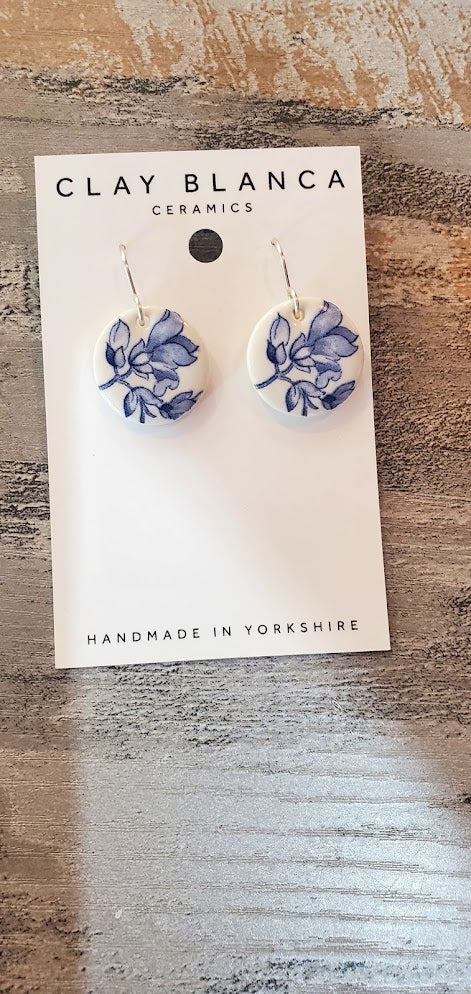 Vintage Blue China Porcelain Earrings Round
