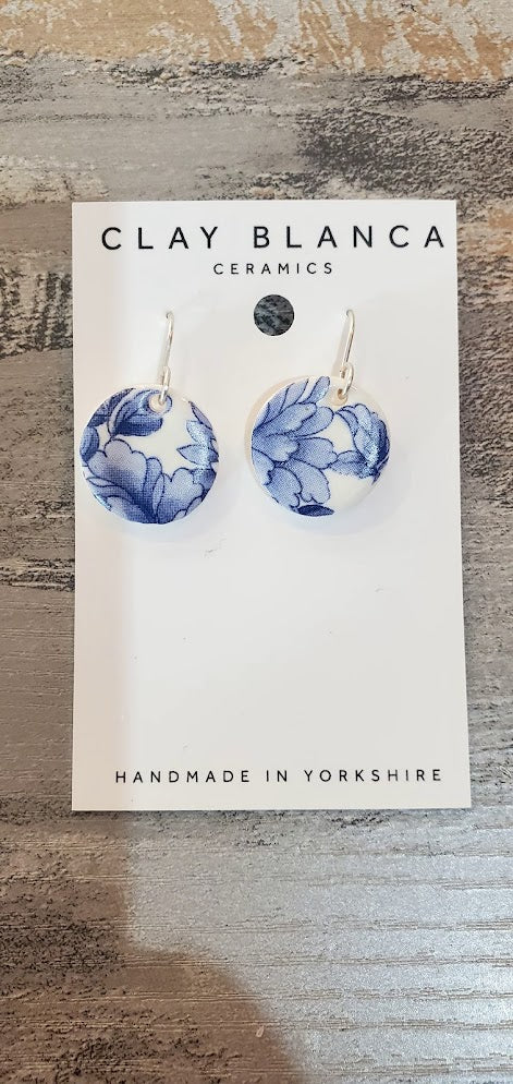 Vintage Blue China Porcelain Earrings Round