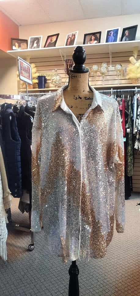 12th Tribe Genevieve Multi Sequin Button Up Shirt Sz Large