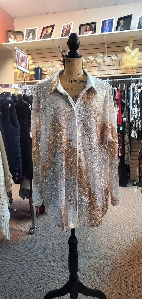 12th Tribe Genevieve Multi Sequin Button Up Shirt Sz Large