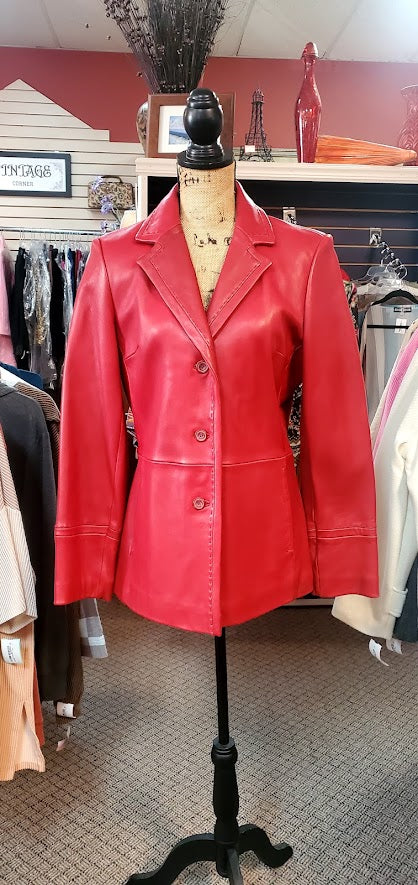 Jones New York Red Calfskin Leather Vintage Button Down Blazer/Coat Sz Medium