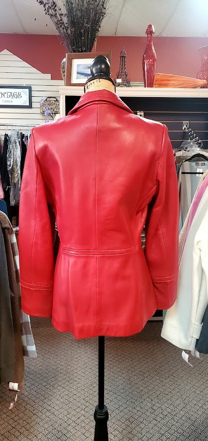 Jones New York Red Calfskin Leather Vintage Button Down Blazer/Coat Sz Medium