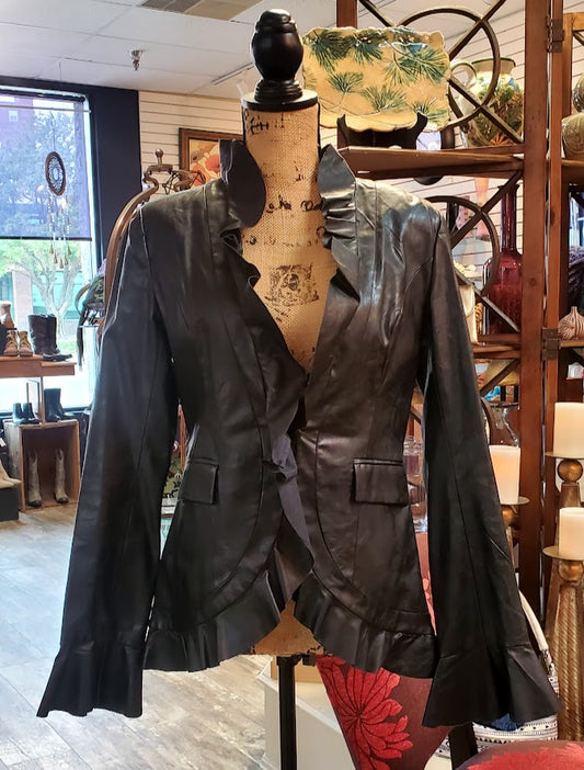Union of Angels Faux Leather Ruffle Lapel Jacket Sz Small