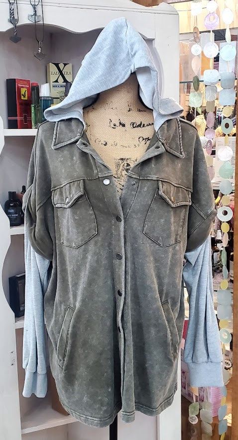 Doe & Rae Snap Front Jersey Hooded Jacket Sz Large