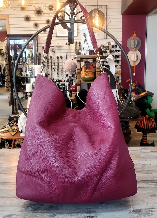 Tory Burch Burgundy Pebble Embossed Leather Hobo Tote Bag