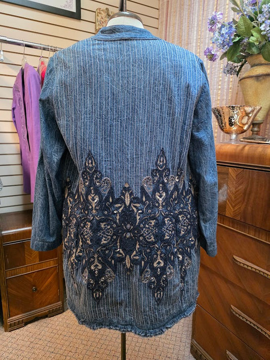 Chico's Denim Embroidered Coat Jacket Sz 2
