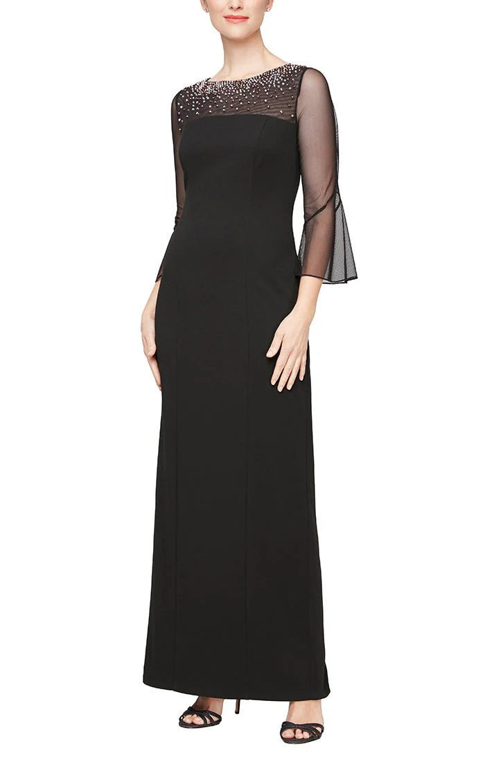 Alex Evenings Long Column Dress with Heat Set Illusion Neckline and Bell Sleeves Black / 16 Alex Evenings Long Column Dress with Heat Set Illusion Neckline and Bell Sleeves Black / 16