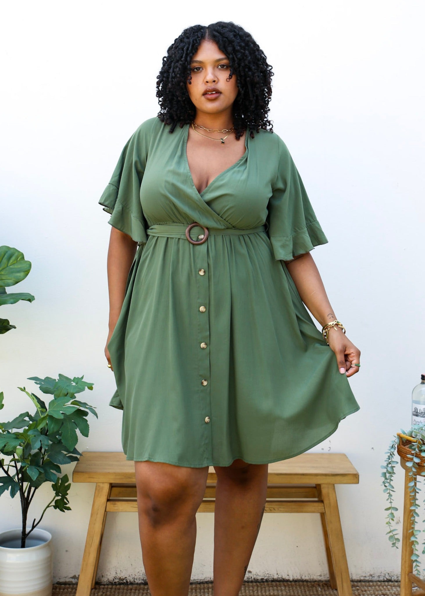 Anna-Kaci Plus Size O-Ring Tied Belt Waist Butterfly Flare Sleeve Midi Dress - Green