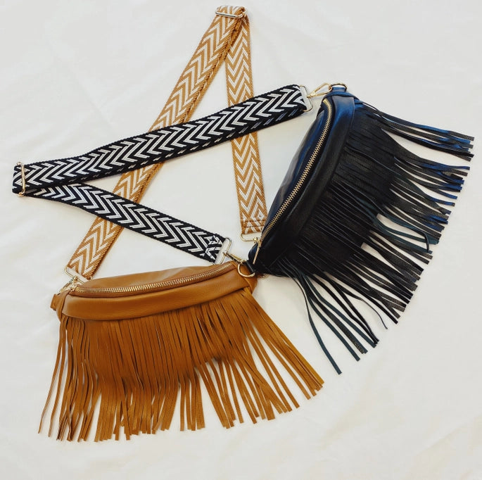 Vegan Leather Fringed or Not Sling Bag Black