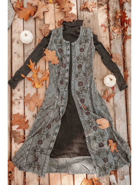 Bohemian Cottage Core Embroidered Button Down Dress Dark Grey