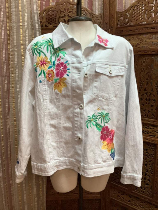 Diane Gilman 2 Tropical Embroidered Denim Jacket Sz 1X