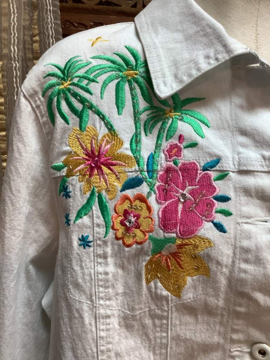 Diane Gilman 2 Tropical Embroidered Denim Jacket Sz 1X