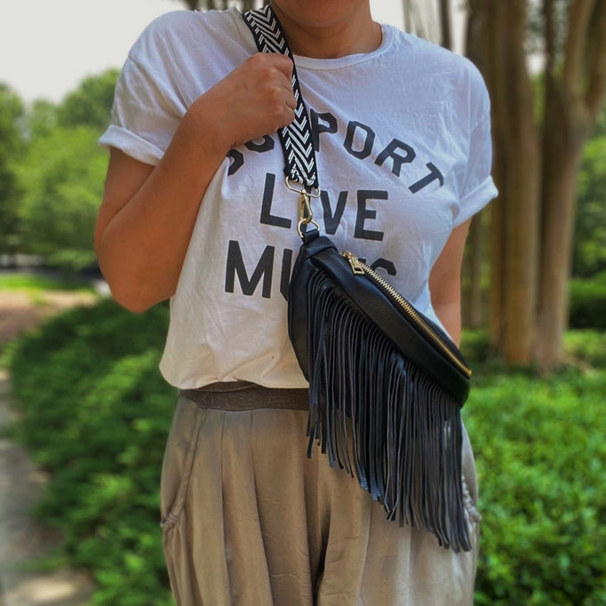 Vegan Leather Fringed or Not Sling Bag Black