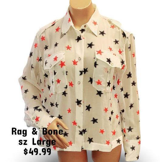 Rag & Bone Women's Collared Long Sleeves Button Down Star Print Shirt Sz Large