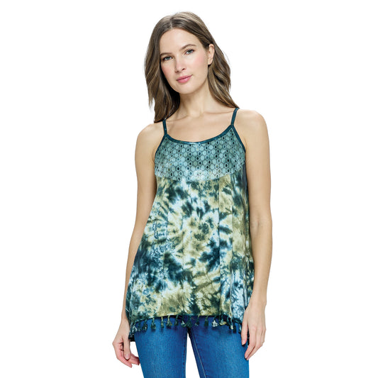 Yak & Yeti Top Tie Dye Tassel Hem Lace