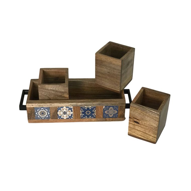 Hand-Painted Tile in Mango Wood 4-Piece Organizer