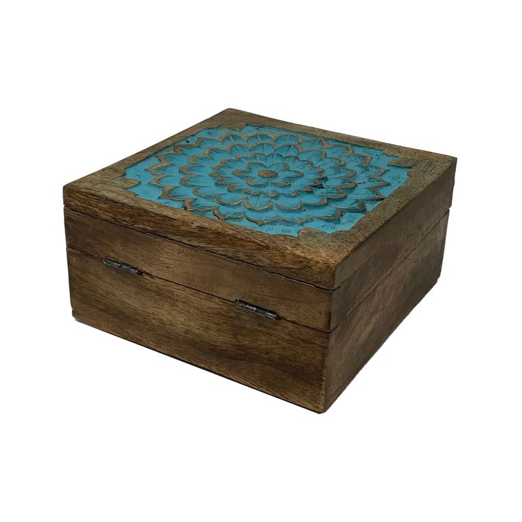 Hand-Carved Wood "Water Ripples" Hinged Square Table Box