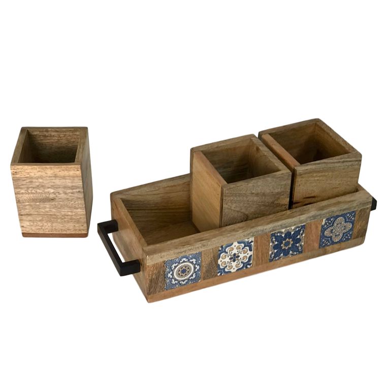 Hand-Painted Tile in Mango Wood 4-Piece Organizer