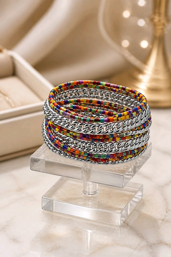 Multi-Strand Beaded Wrap Bracelet with Silver Chain Accents