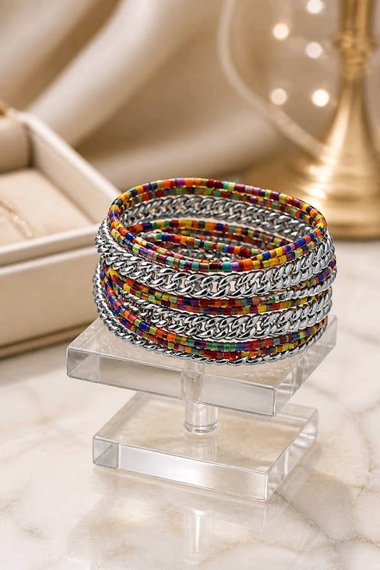 Multi-Strand Beaded Wrap Bracelet with Silver Chain Accents