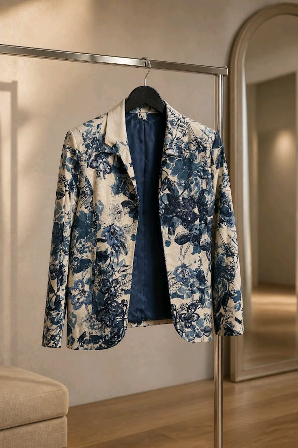 Coldwater Creek Blue Floral Sequined Blazer Sz 14