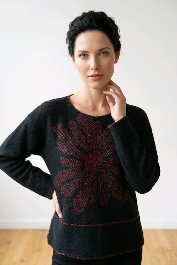 Handmade Red Flower Tunic Top Sz M/L