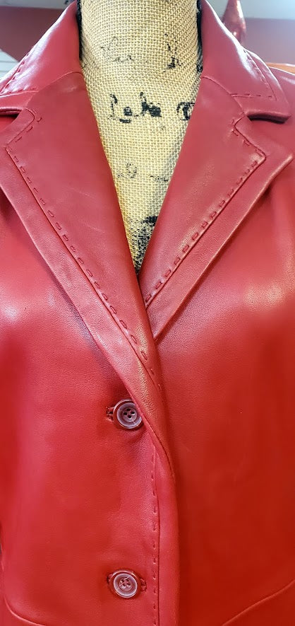 Jones New York Red Calfskin Leather Vintage Button Down Blazer/Coat Sz Medium