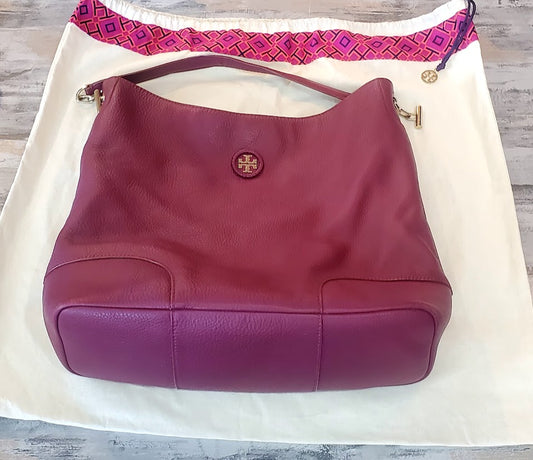 Tory Burch Burgundy Pebble Embossed  Leather Hobo Tote Bag