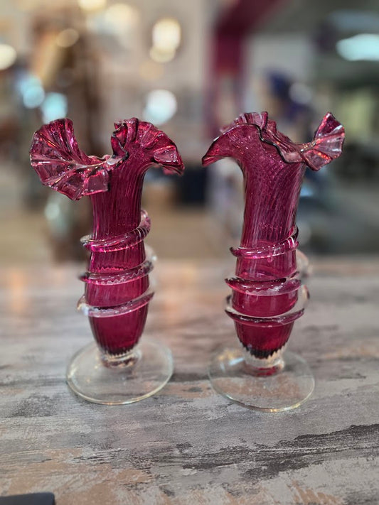 Antique Ribbed Cranberry Glass Vase w/Rigaree Ruffled Edge