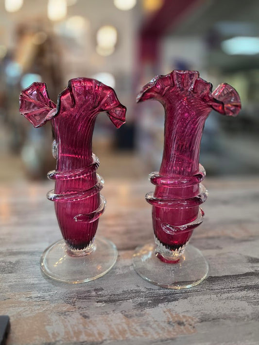 Antique Ribbed Cranberry Glass Vase w/Rigaree Ruffled Edge