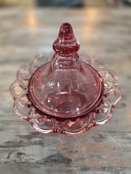 Candy Dish Imperial Glass Pink Crocheted Pattern
