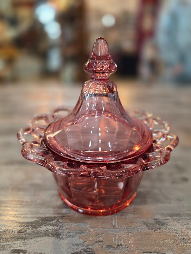 Candy Dish Imperial Glass Pink Crocheted Pattern