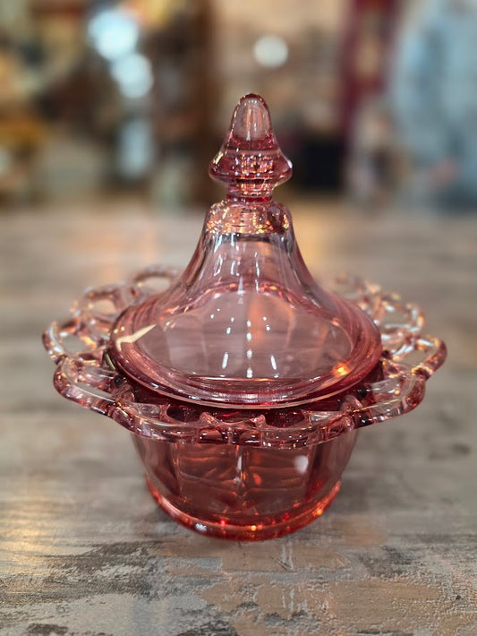 Candy Dish Imperial Glass Pink Crocheted Pattern