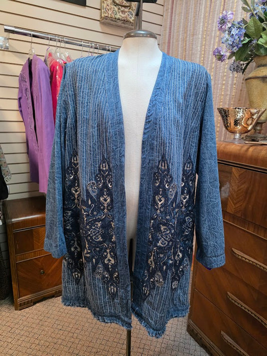 Chico's Denim Embroidered Coat Jacket Sz 2