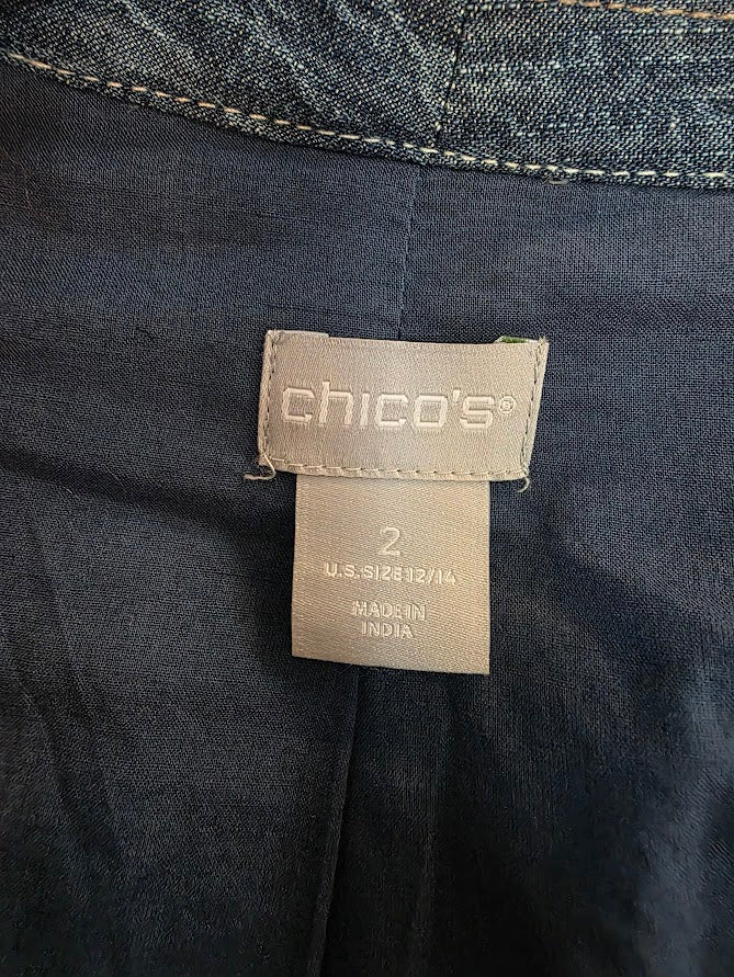 Chico's Denim Embroidered Coat Jacket Sz 2