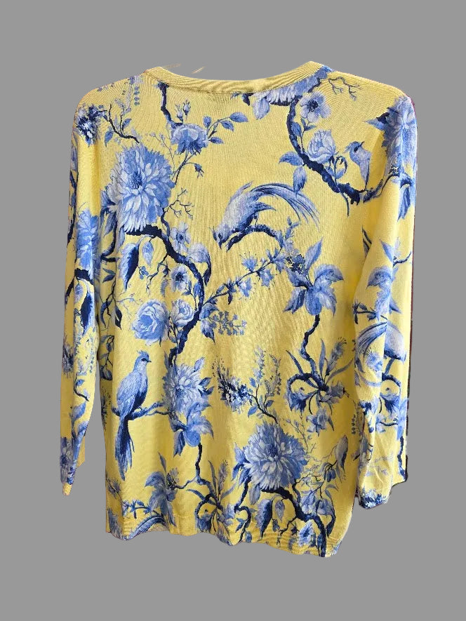 Talbots Toile Floral Print Cardigan Sz Large
