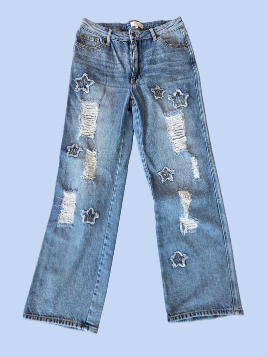 Saige Medium Wash Distressed Star Patch Straight Jeans Sz 13/31