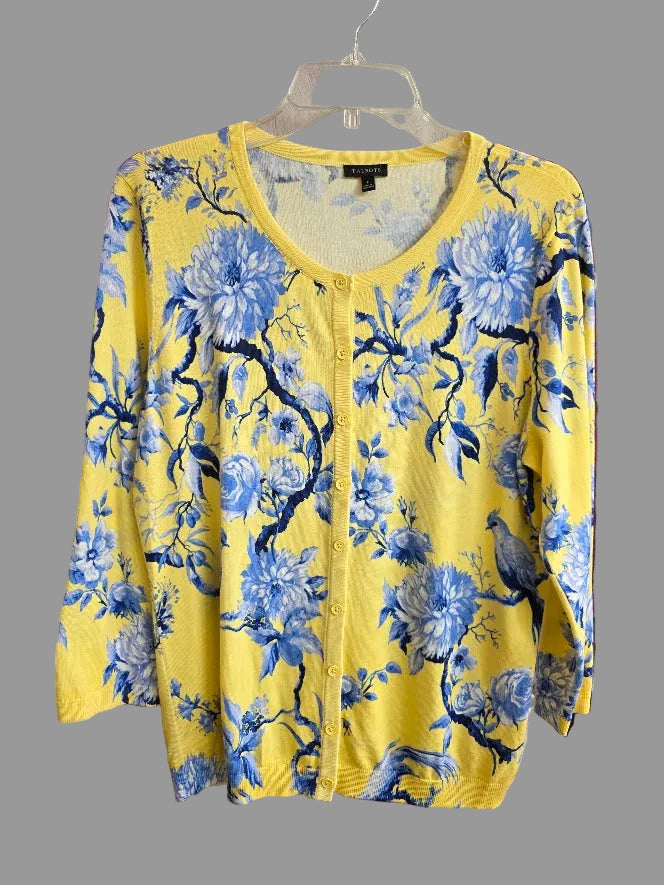 Talbots Toile Floral Print Cardigan Sz Large