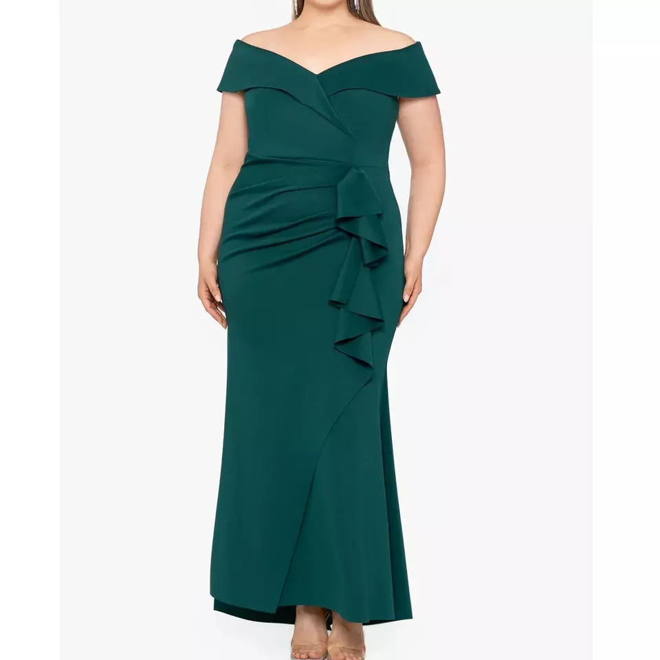 Xscape Off Shoulder Hunter Green Formal Dress Sz 8