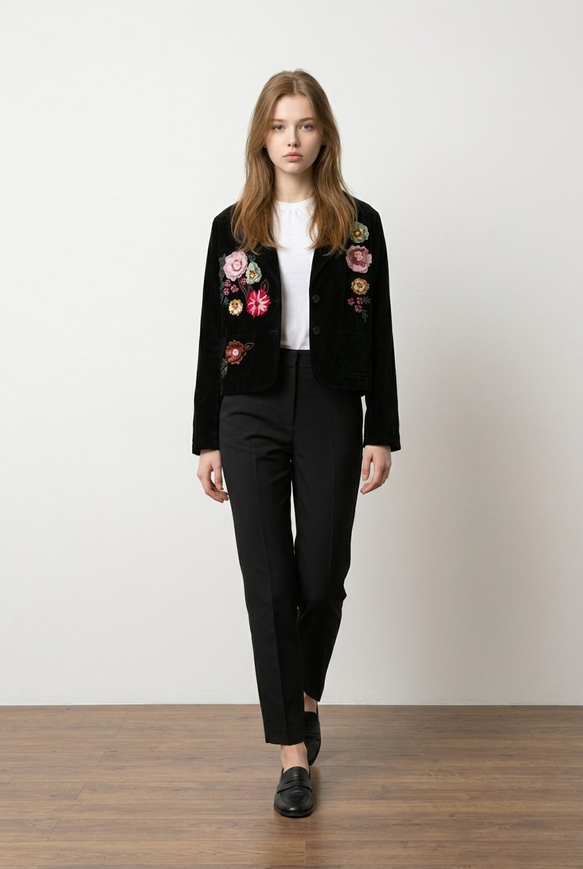 New Identity Velour Blazer W/Floral Accents Sz X-Large