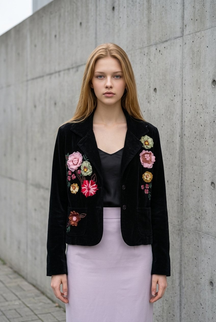 New Identity Velour Blazer W/Floral Accents Sz X-Large
