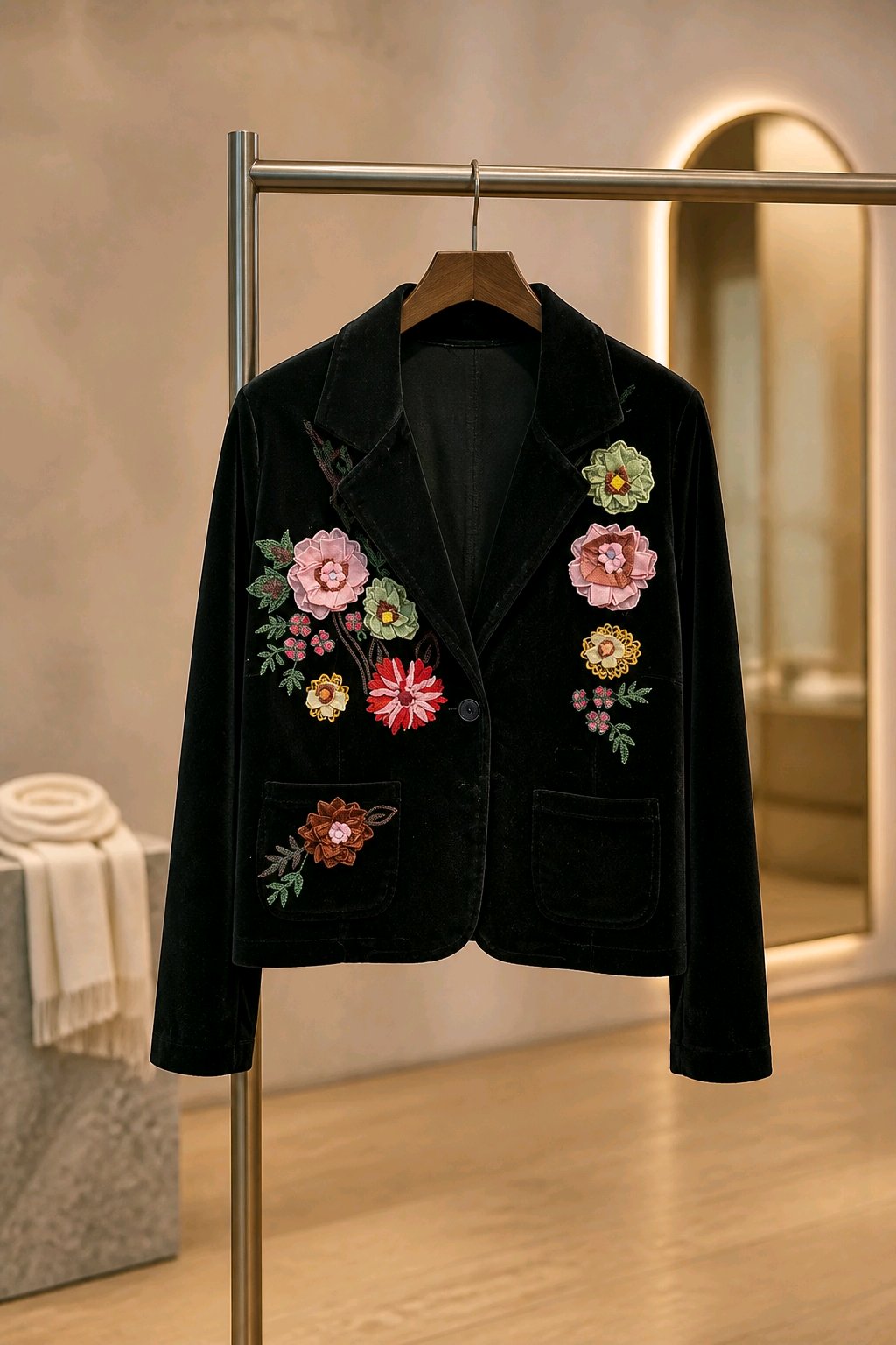 New Identity Velour Blazer W/Floral Accents Sz X-Large